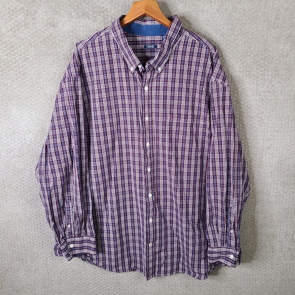 IZOD Shirt Mens 4XL Maroon Blue White Plaid Button Down Long Sleeve Cotton
